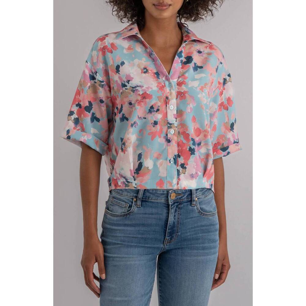 NEW KUT FROM THE KLOTH donna floral short sleeve button-up shirt in sky